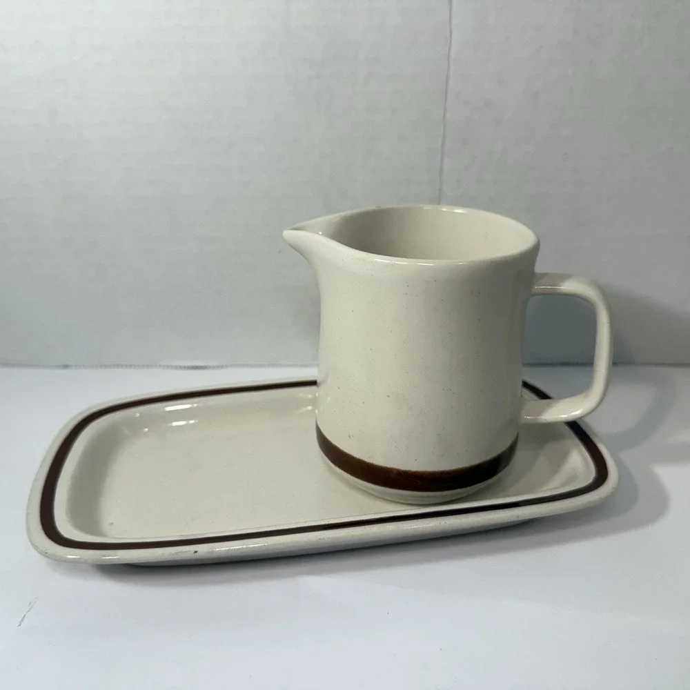 Sand Script Stoneware Butter Dish Base‎ & Creamer Brown Trim Japan Replacement